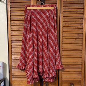 Cider Red Plaid Asymmetrical Ruffle Hem Skirt